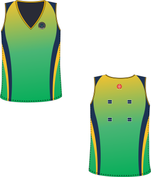 A green and yellow sports jersey featuring a blue stripe, designed for school athletic teams.