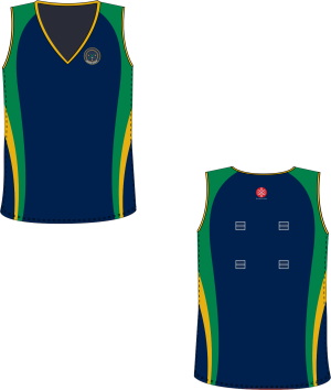 A navy blue and green sports jersey featuring yellow trim, designed for school uniforms.