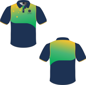 Australian cricket team's polo shirt designed for school sports uniforms, featuring vibrant colors and team logo.