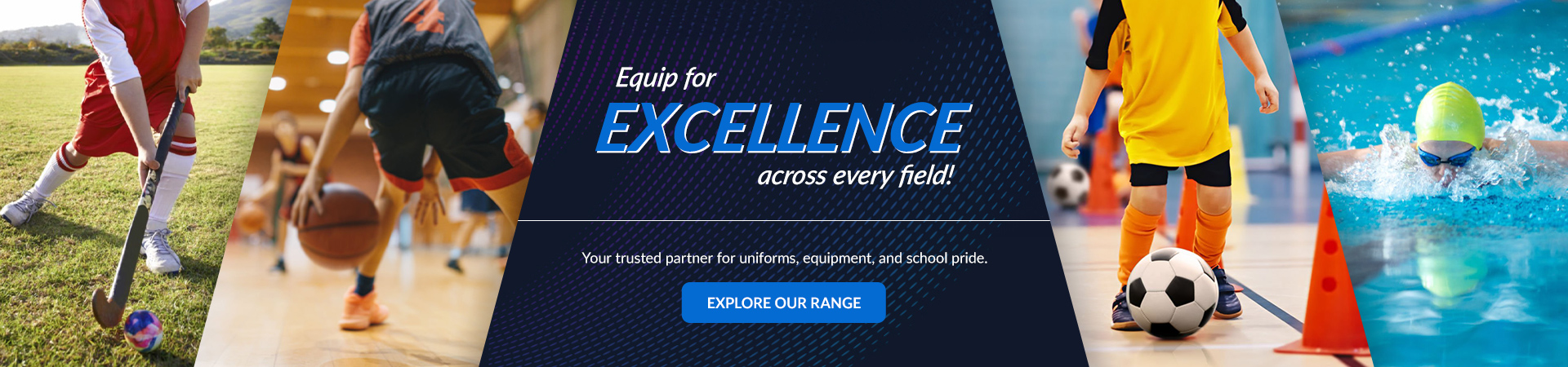 Website design showcasing sports equipment tailored for schools, featuring various athletic gear and accessories.