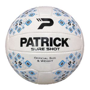 Official Patrick Sure Shot volleyball with blue geometric patterns and size markings.
